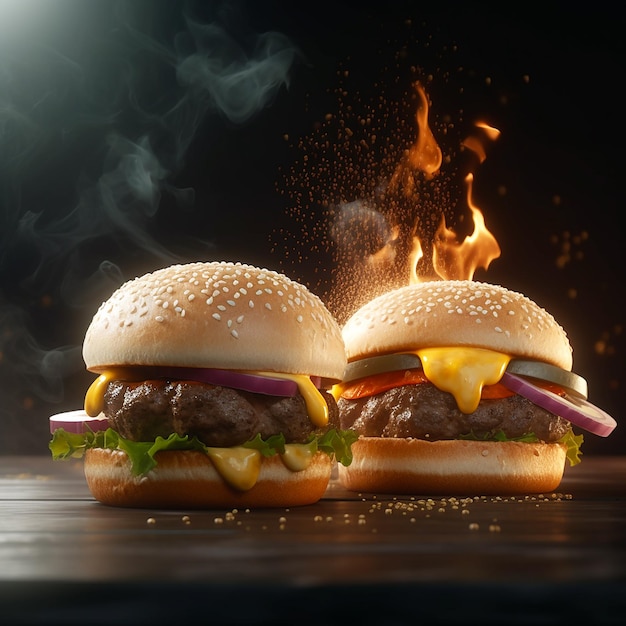 Zwei Burger sitzen nebeneinander auf dunklem Hintergrund