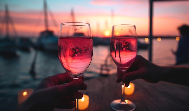 Zwei Champagnergläser stoßen mit dem Sonnenuntergang im Hintergrund an.