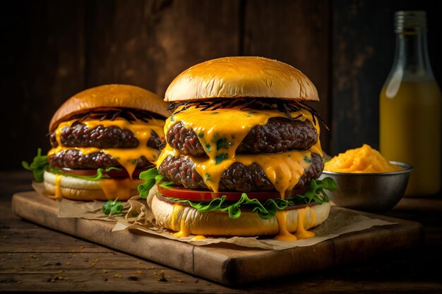 Zwei Cheeseburger auf einem Holzbrett mit einer Schüssel Makkaroni und Käse.