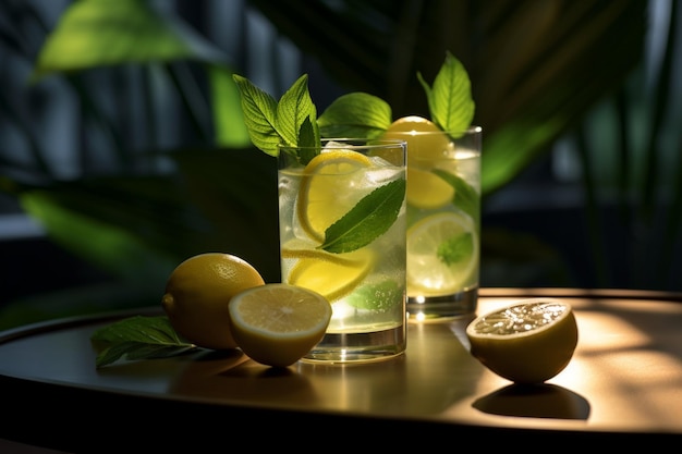 Zwei Cocktails, einer mit grünem Blatt, begleitet von einem Glas Limonade
