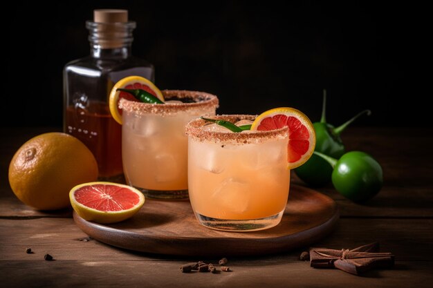 Zwei Cocktails mit Limette und Grapefruit auf einem Holzbrett