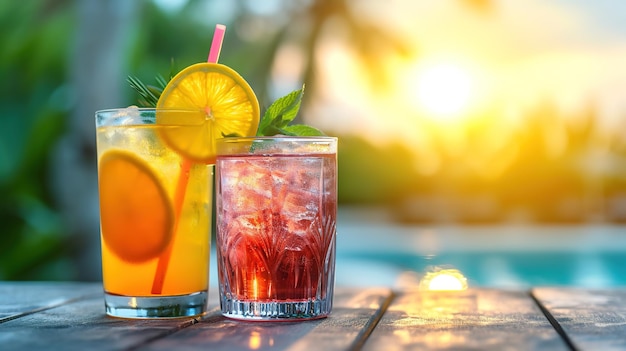 Zwei Cocktails vor sommerlichem Hintergrund