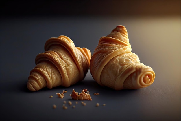 Zwei Croissants im Kinfolk-Stil auf dunklem Hintergrund Generative AI