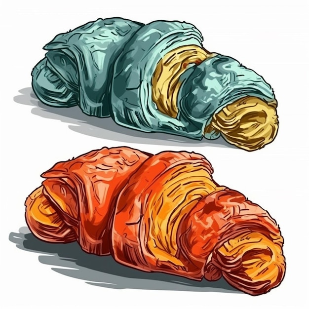 Zwei Croissants mit unterschiedlichen Farben auf weißem Hintergrund