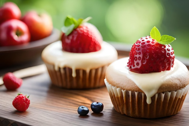 Zwei Cupcakes mit einer Erdbeere an der Spitze