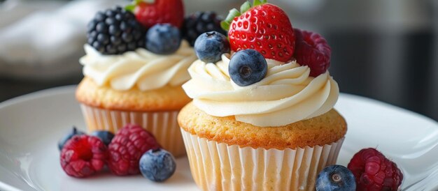 Zwei Cupcakes mit weißem Frost und frischen Beeren