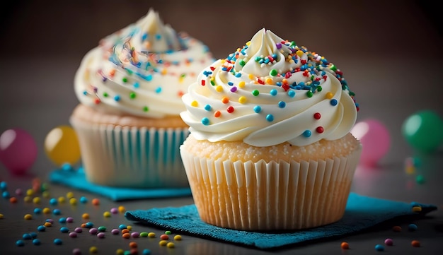 Zwei Cupcakes mit weißem Zuckerguss und bunten Streuseln oben drauf