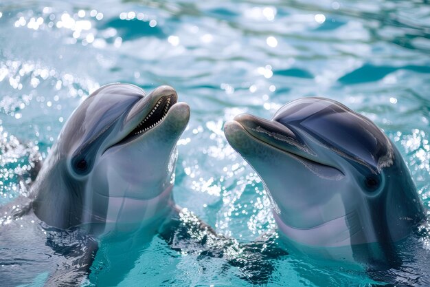 Foto zwei delfine auf der wasseroberfläche schauen in die kamera