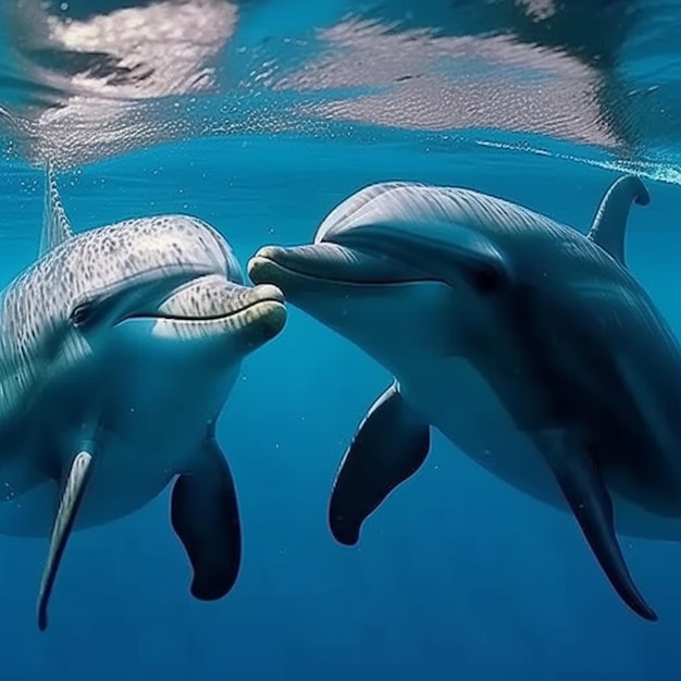 Zwei Delfine küssen sich im Wasser, auf der Unterseite steht das Wort Delphin.