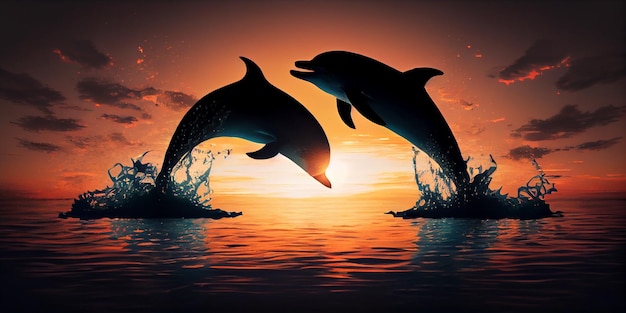 Zwei Delfine springen bei Sonnenuntergang aus dem Wasser