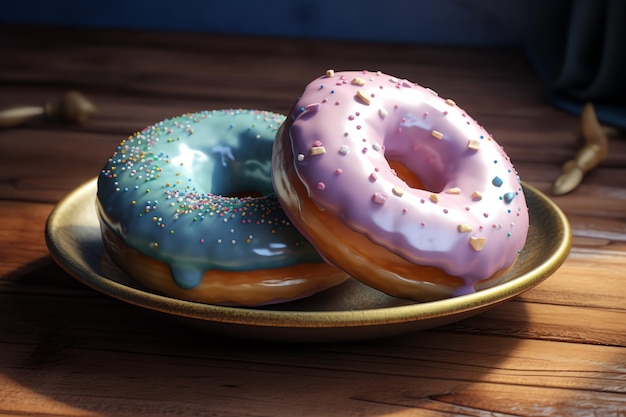 Zwei Donuts auf einem Teller mit verschiedenfarbigen Streuseln.