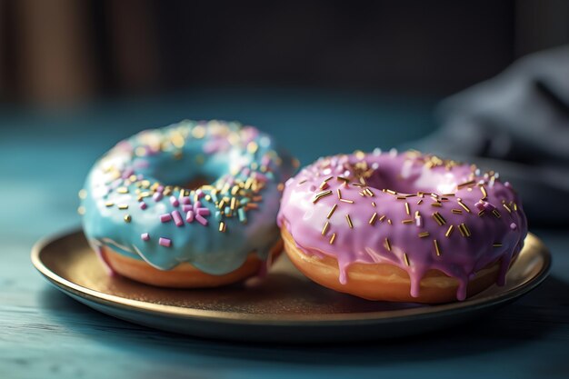 Zwei Donuts mit rosa und blauem Zuckerguss und Streuseln auf einem Teller.