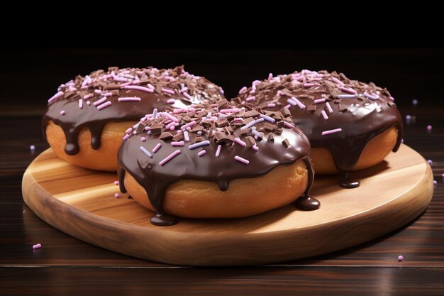 Zwei Donuts mit Schokoladen-Glasur und Sprinkles auf einem Holzbrett