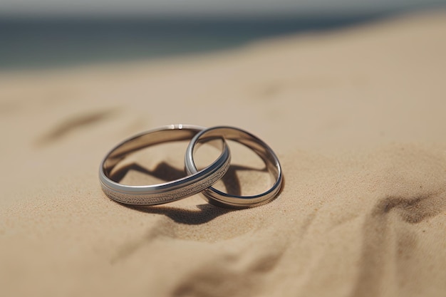 Zwei Eheringe im Sand vor dem Hintergrund eines Strandes und eines Meeres