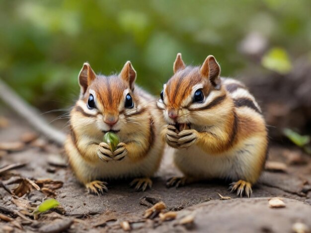 zwei Eichhörnchen essen auf dem Boden, eines isst ein Stück Nahrung