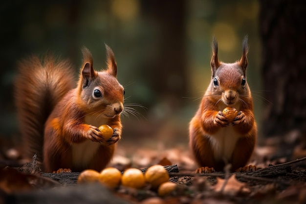 Zwei Eichhörnchen essen Äpfel mit den Händen darauf.