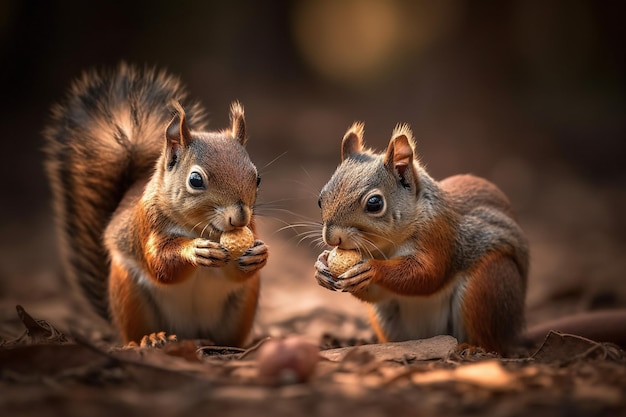 Foto zwei eichhörnchen fressen nüsse in einem wald