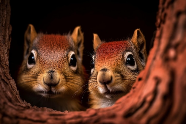 Foto zwei eichhörnchen schauen aus einem baumstamm