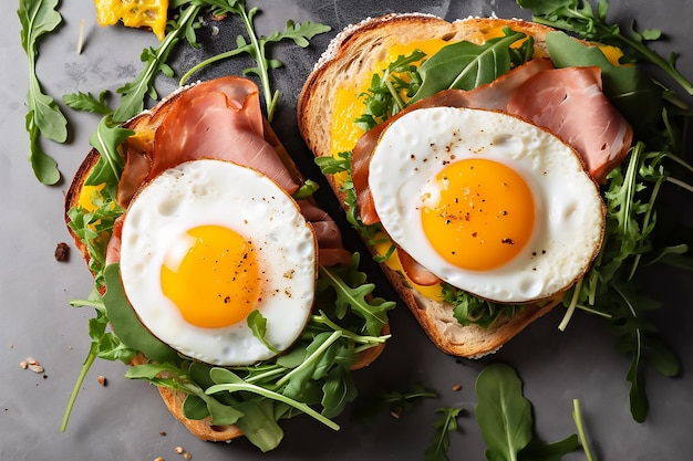 Zwei Eier auf Toast mit Rucola darauf.