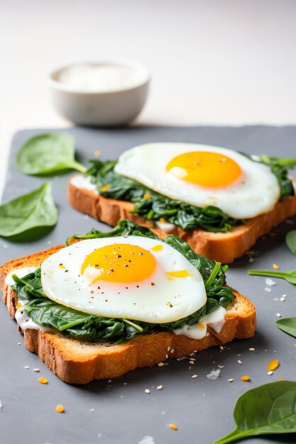 Foto zwei eier auf toast mit spinat