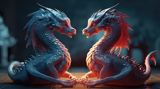 Zwei einander gegenüberstehende Drachen mit blauen Augen und roten Flammen auf ihren Flügeln