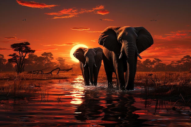 zwei Elefanten stehen im Wasser und die Sonne geht hinter ihnen hinunter