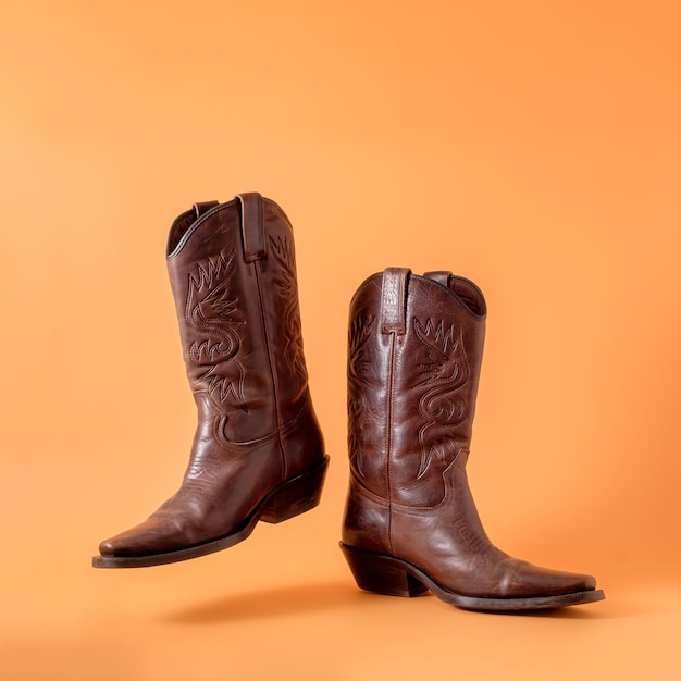 Zwei elegante klassische Cowboystiefel auf orangefarbenem Lehmhintergrund Ranger-Cowboy-Konzept auf einer Ranch in Amerika, USA, Texas