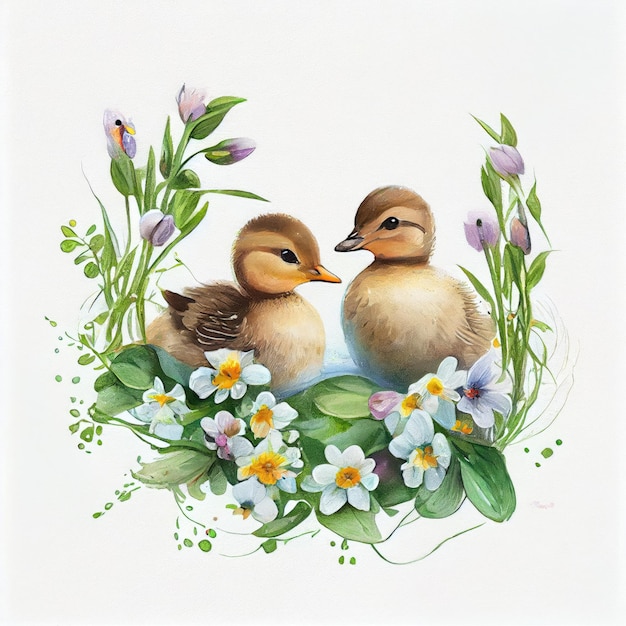 zwei enten mit blumenaquarell