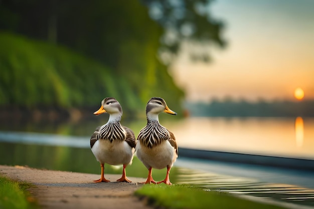 Zwei Enten stehen am Rande eines Sees.