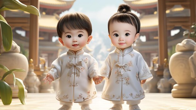 Zwei entzückende asiatische Kinder lächeln in traditioneller chinesischer Kleidung Generative KI