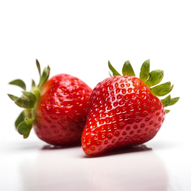 Zwei Erdbeeren mit grünen Blättern sitzen auf einer weißen Fläche.
