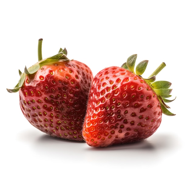 Zwei Erdbeeren sitzen auf weißem Hintergrund.