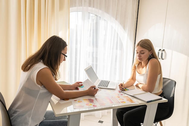 Zwei erfolgreiche, stylische junge Mädchen sitzen im Büro am Tisch und beobachten Verkaufscharts Graphs-Konzept