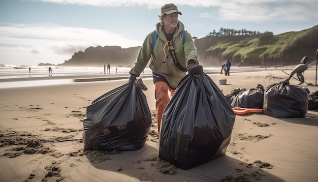 Zwei Erwachsene, die von KI generierte Säcke halten, die für die Natur recycelt werden