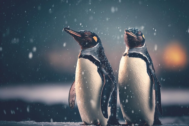 Zwei erwachsene Pinguine, die auf Schnee stehen Generative KI