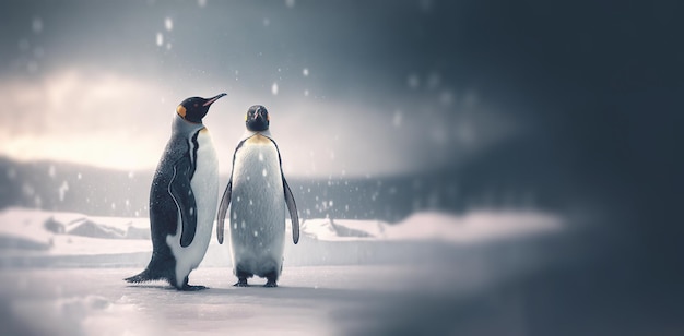 Zwei erwachsene Pinguine, die auf Schnee stehen Generative KI