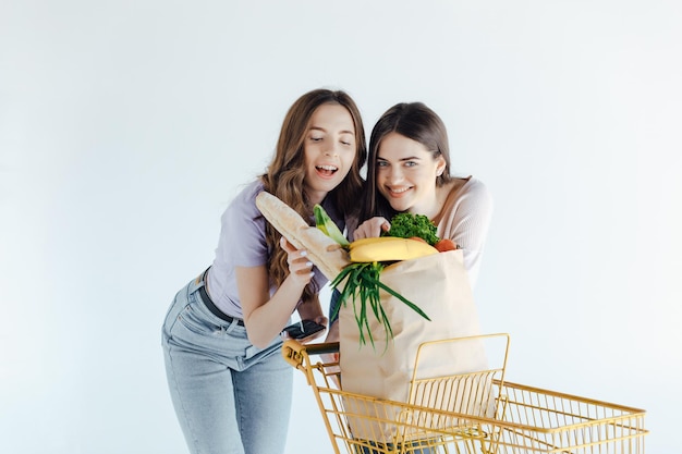 Zwei europäische Mädchen haben Spaß nach dem Einkaufen. Innenporträt von ekstatischen Schwestern, die zusammen posieren.