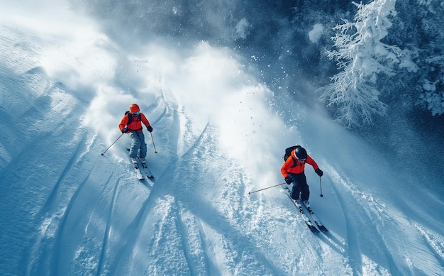 Zwei Extrem-Skifahrer fahren im Winter einen gefährlichen Berg-Schnee-Hügel hinunter.