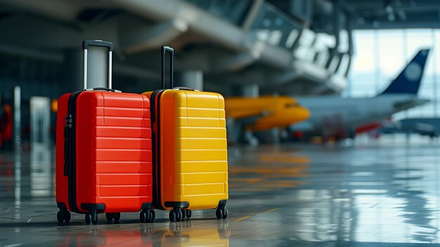 Zwei farbenfrohe Koffer an einem Flughafenterminal mit Flugzeugen im Hintergrund