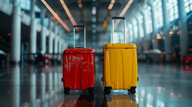 Zwei farbenfrohe Koffer in einem Flughafen-Terminal, die das Konzept der Reise hervorheben