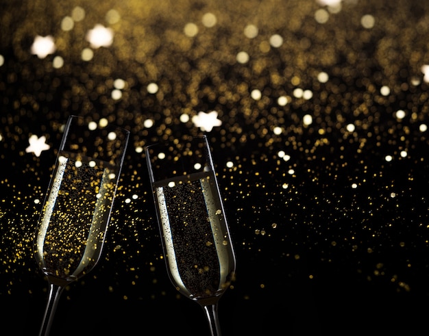 Zwei festliche Champagnergläser auf schwarzem Hintergrund mit goldenen Bokeh-Lichtern und Funkeln