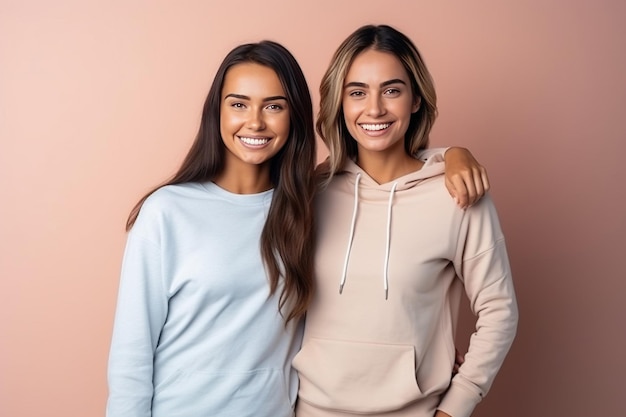 Zwei fitte junge Frauen stehen in Sportkleidung zusammen und verfolgen einen gesunden Lebensstil im Studio. Sauberer Hintergrund. Generative KI