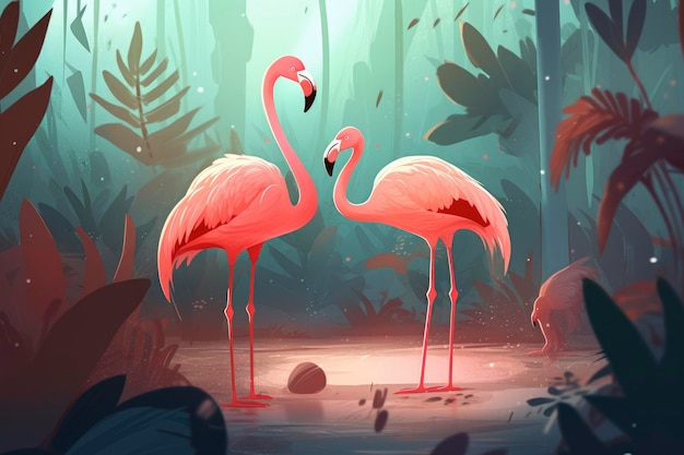 Zwei Flamingos in einem Dschungel mit grünem Hintergrund.