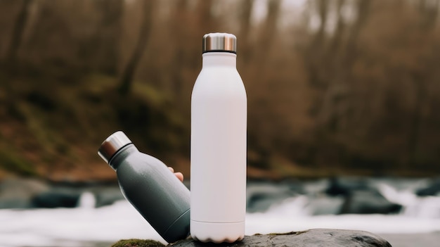 Zwei Flaschen Wasser auf einem Felsen, davon eine schwarz-weiß.