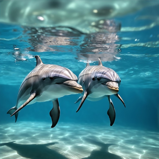 Zwei Flaschendelfine, die in einem Pool unter Wasser schwimmen, wurden von der KI erstellt