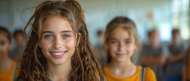 Foto zwei fleißige mädchen bei der arbeit, die mit schuljungen im hintergrund in die kamera schauen