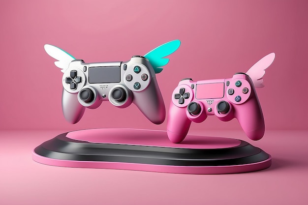 Zwei fliegende Gamepads über dem Podium auf einem rosa Hintergrund Konzept für die Präsentation Werbung 3D-Rendering