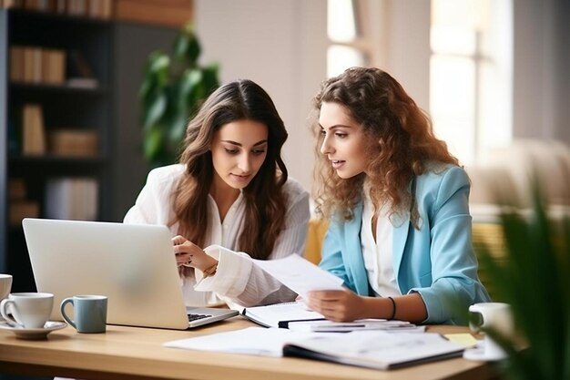 zwei Frauen arbeiten an einem Computer und eine von ihnen trägt einen blauen Blazer