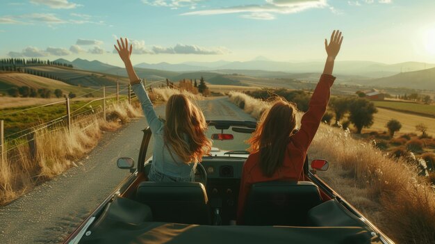 Foto zwei frauen, die auf der rückseite eines offenen cabriolets auf einer landstraße fahren, heben ihre arme nach oben.