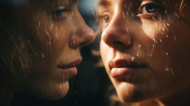 Foto zwei frauen, die sich durch den regen anschauen